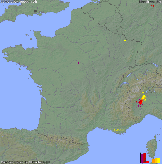 Mappa dei fulmini Francia 27.07.2024 (Animazione)