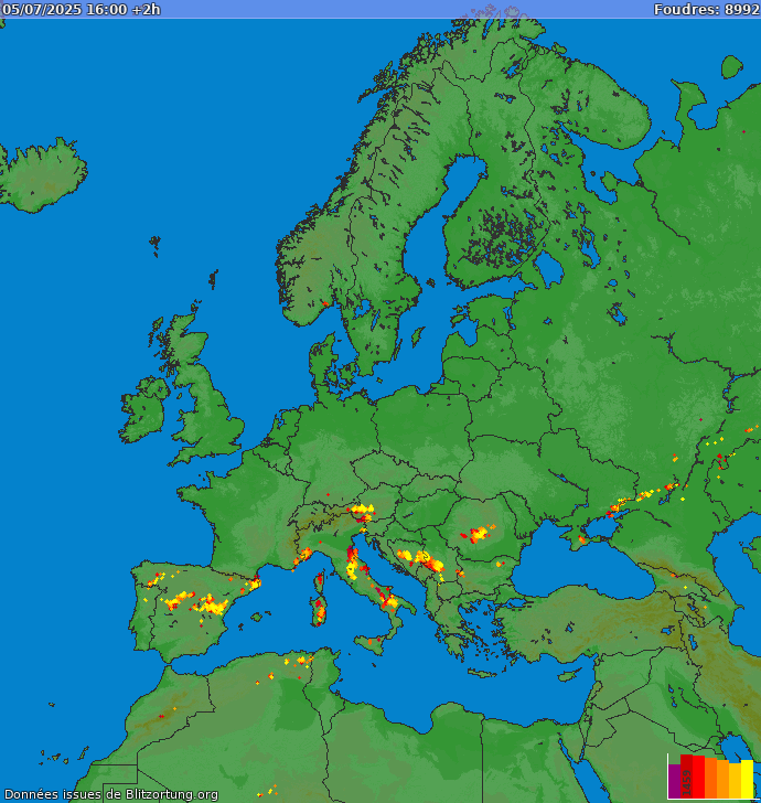 Lightning map Europe 2025-07-05 (Animation)